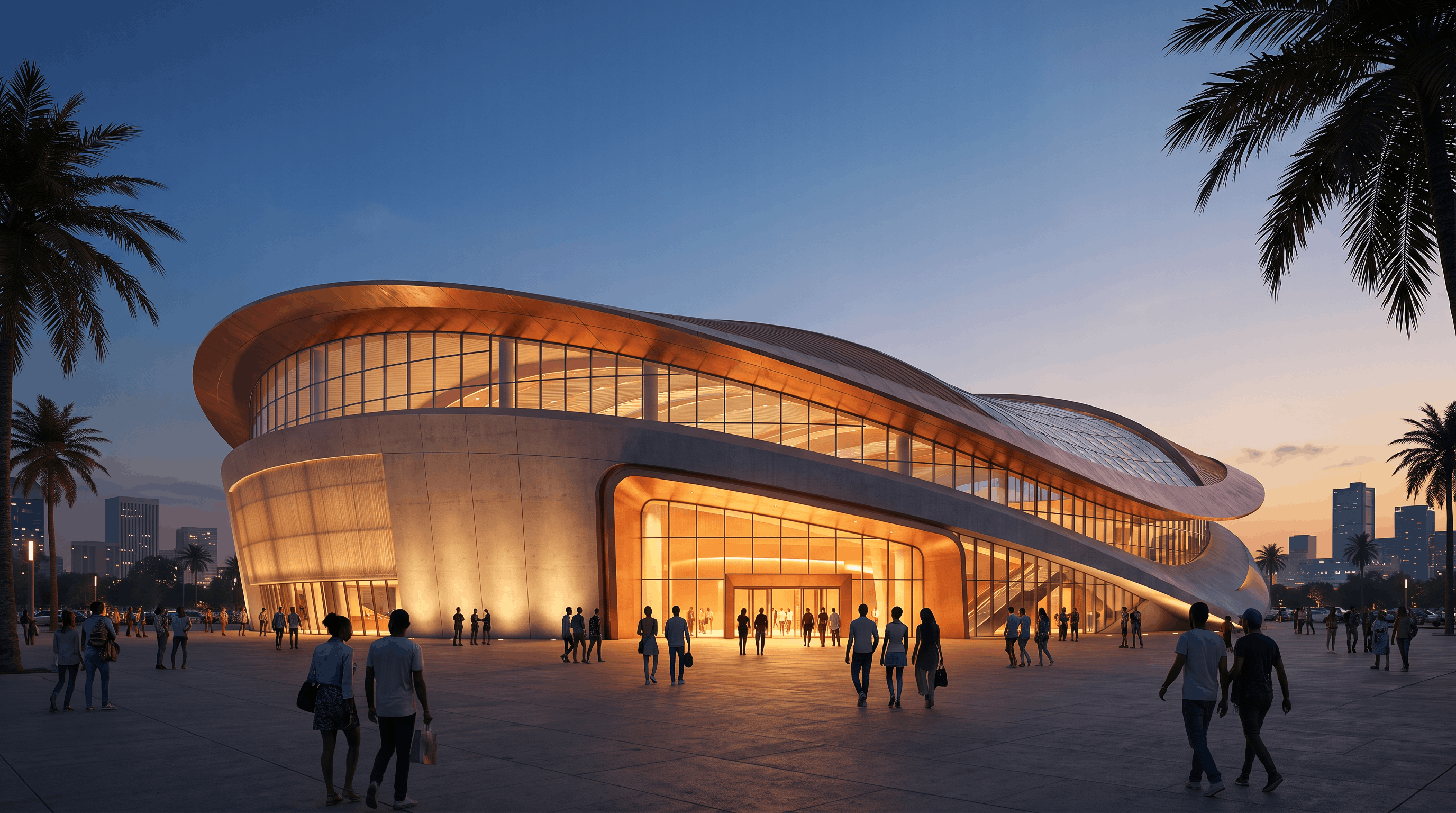 Yaoundé Sports City arena at dusk